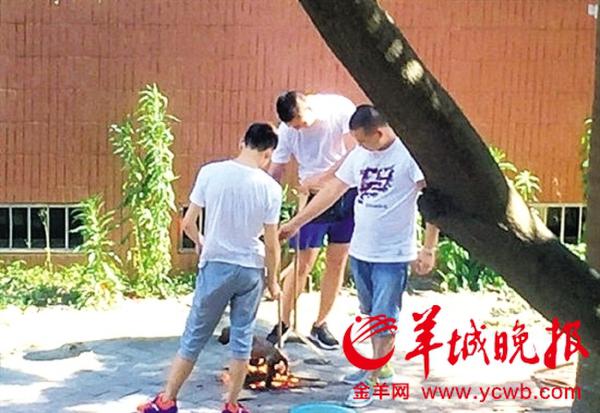 三名男子在路边堆烤一个类似小狗的物体