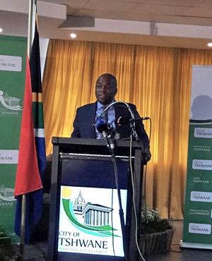 Tshwane Mayor Solly Msimanga speaks to the media after giving feedback on his first 100 days in office (Mpho Raborife, News24)