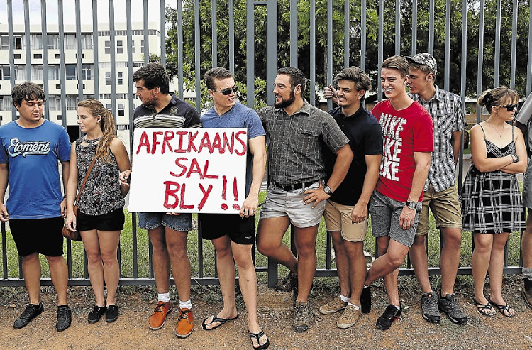 Students demonstrate in support of the retention of Afrikaans as the primary medium of instruction outside the University of Pretoria’s Hatfield campus in February. Picture: THE TIMES