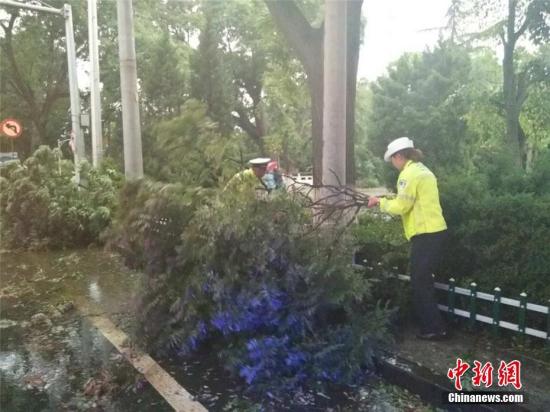 6月5日15时40左右，兰州天气突变，大风、暴雨、冰雹来袭，市区上空乌云密布。图为交警将刮断的树杈抬至路边。史静静 摄