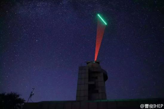 资料图片：墨子号量子卫星和地面兴隆站进行的通信试验，红光为地面发射，绿光为墨子号发射 。（来自中国科学院高能物理研究所研究员曹俊微博）