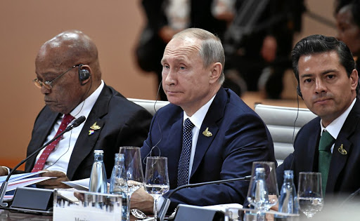 President Jacob Zuma and Russian President Vladimir Putin, pictured here at a G20 summit in Hamburg, Germany.